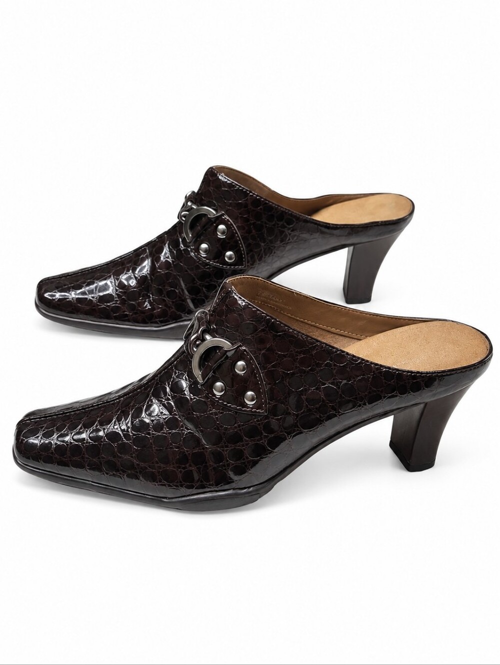EUC Aerosoles Brown Moc Croc Patent MULES High Heels Chain Front SZ 7.5 M